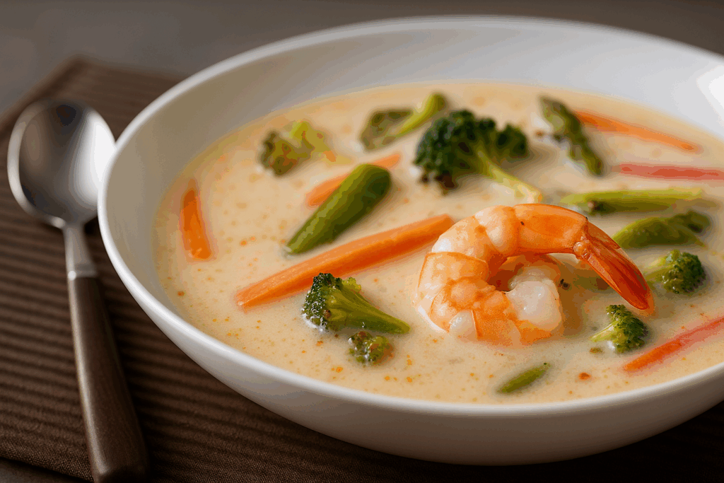 Soupe aux crevettes, légumes et lait de coco