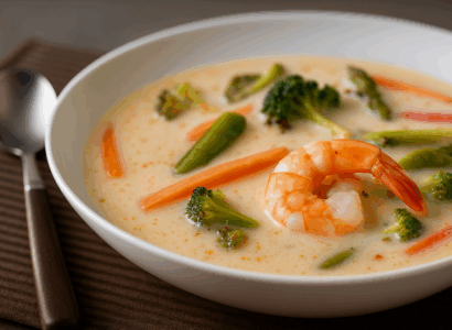 Soupe aux crevettes, légumes et lait de coco
