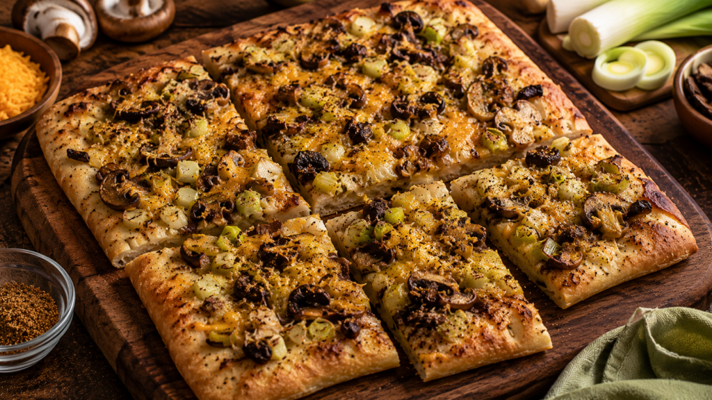 Focaccia au Cheddar, aux poireaux et aux champignons