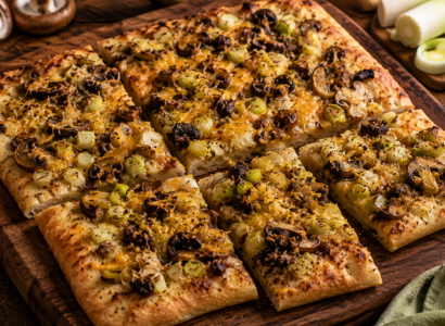 Focaccia au Cheddar, aux poireaux et aux champignons