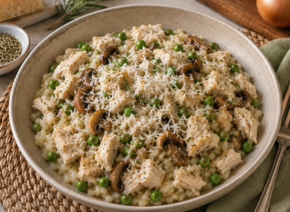 Risotto au poulet, aux petits pois et aux champignons