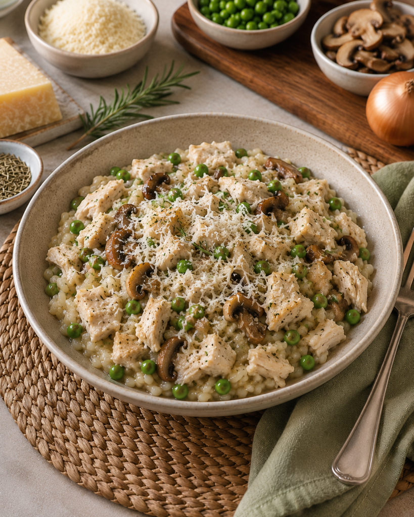 Risotto au poulet, aux petits pois et aux champignons