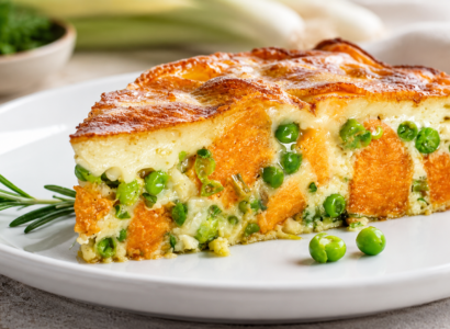 Tarte aux patates douces, aux petits pois et au fromage Oka